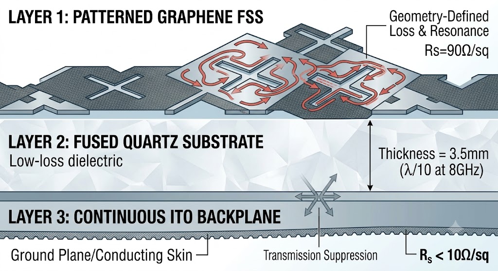 Cross section of the graphene-quartz-ITO absorber stack showing each layer, its material properties, and what role it plays in absorption