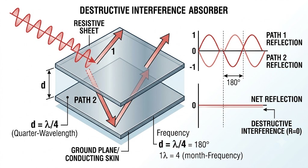 Diagram of Salisbury screen showing incoming wave splitting into surface reflection and transmitted wave that returns 180 degrees out of phase, causing destructive interference