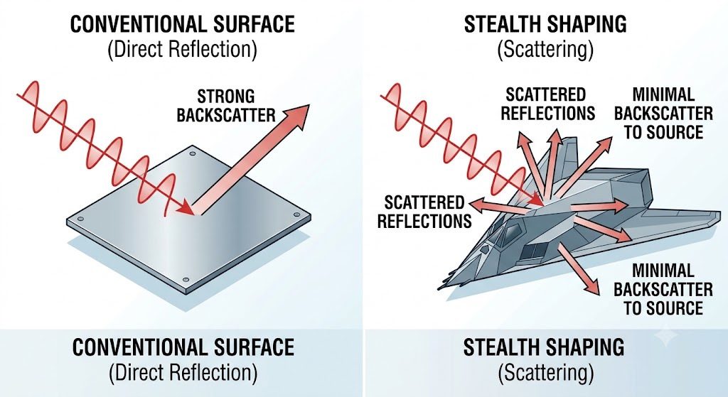 Diagram showing flat surface reflecting radar directly back vs faceted surface scattering energy away in multiple directions