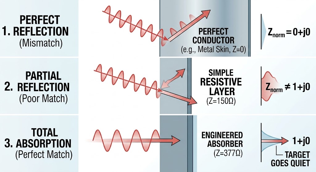 Three cases showing impedance matching: perfect conductor with Z equals zero reflects everything, poor match gives partial reflection, perfect match to 377 ohms gives zero reflection and total absorption