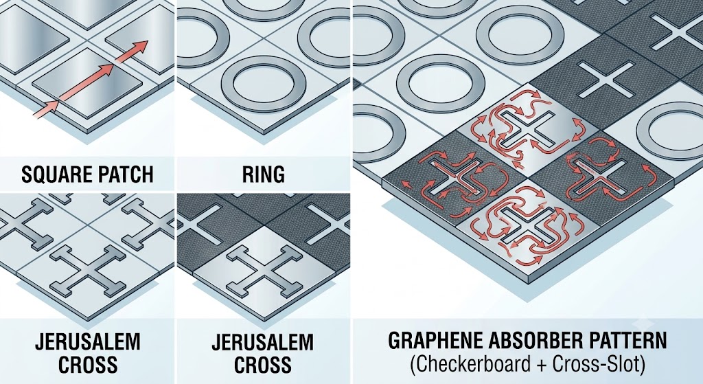 Four FSS unit cell geometries: square patch, ring, Jerusalem cross, and the checkerboard plus cross-slot pattern used in the graphene absorber