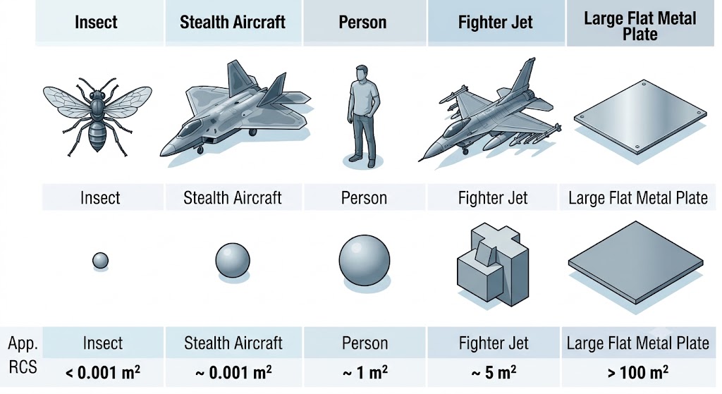 RCS comparison showing insect, stealth aircraft, person, fighter jet, and flat metal plate scaled by radar cross section